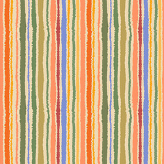 Seamless strip pattern. Vertical lines with torn paper effect. Shred edge background. Summer, warm, yellow, green, olive, orange, tropical colors. Vector illustration