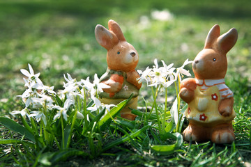 toy bunnies with spring flowers