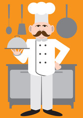 Cartoon vector chef presenting one of his specialties on a covered dish