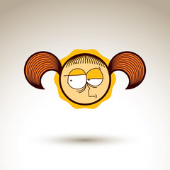 Vector hand drawn skeptic girl with fashionable hairdo. Facial