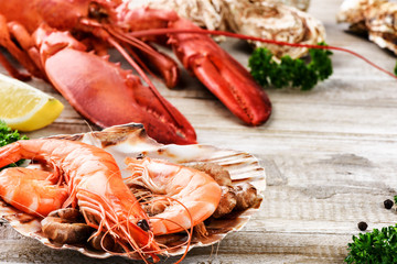 Fine selection of crustacean for dinner. Lobster, jumbo shrimps