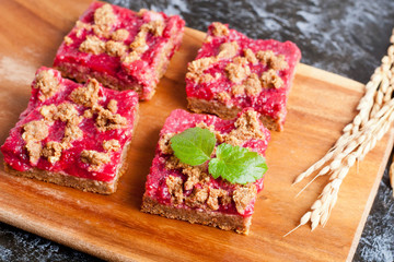 Raspberry pie bars, decorated mint
