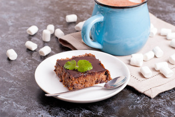 beautiful chocolate cake slice, decorated mint and marshmallows