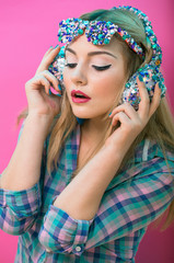  girl in the style of art. Girl music fan in the headphones and