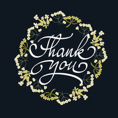 Card template with hand drawn flower border and hand written Thank You text. Vector illustration 