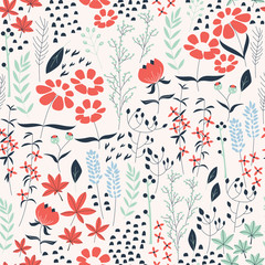 Seamless pattern design with hand drawn flowers and floral eleme