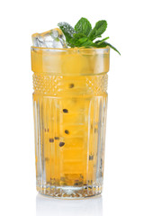 Yellow alcohol cocktail with passionfruit isolated
