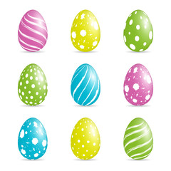 Set of glossy colorful Easter Eggs with different patterns on it. Vector illustration.