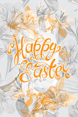 Happy Easter Calligraphic inscription on Flower background.