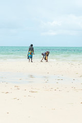 Frauen sammeln Krabben am Strand in Vilanculos, an der Küste von Mosambik