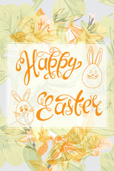 Happy Easter Calligraphic inscription on Flower background.