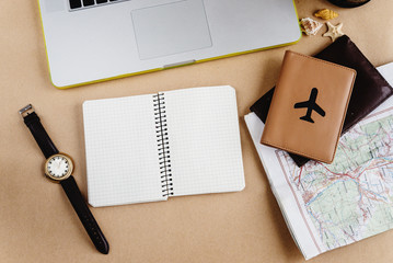time to plan travel concept, stylish notebook map watch and pass