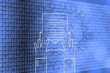 hands holding open email, with an overlay of padlock At symbol