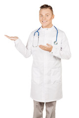 Medical doctor in white coat with stethoscope holding something