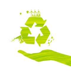 Hands and environmental sign recycle, from watercolor stains,isolated on a white background. 