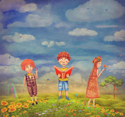 Kids feeling happy  on a hill , colorful cartoon