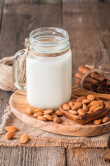 almonds milk in a glass jar with almonds