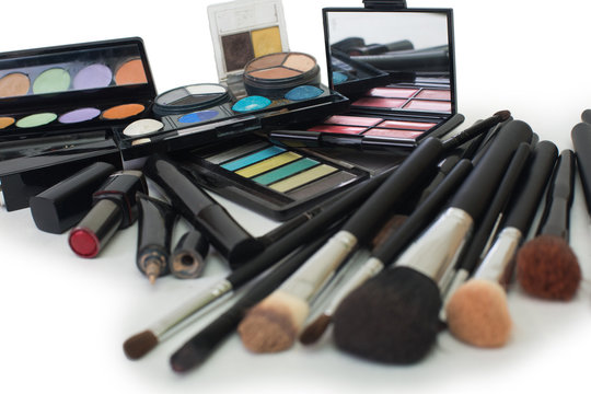 cosmetics, makeup brushes, isolated background
