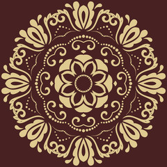 Oriental round golden pattern with arabesques and floral elements. Traditional classic ornament