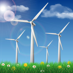 Wind turbines on a grass field. Ecology concept vector illustration.