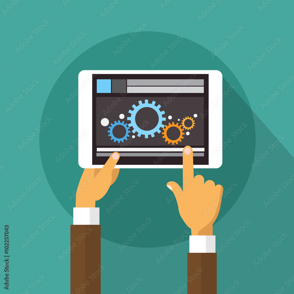 Poster hands holding tablet computer developer mobile application technology flat design vector illustratio