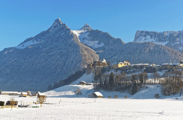 View of countryside in Switzerland in winter