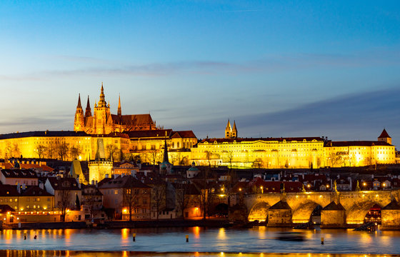 Prague castle and Charles bridge at sunset (UNESCO), Czech republic