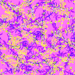 Fototapeta na wymiar Seamless floral pattern, fresh branches of thyme and rosemary, scattered free. Vibrant colors. Isolated on pink background. Watercolor illustration. Fabric texture. Herbs vintage design. Wallpaper.