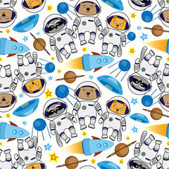 Seamless cat, bear, raccoon astronaut pattern