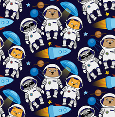 Seamless cat, bear, raccoon cosmos astronaut pattern