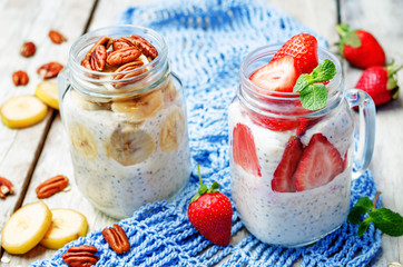 homemade healthy Chia seeds banana pecan and strawberry overnigh