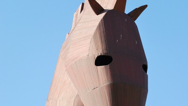 wooden trojan horse in the ancient city Troy in todays northwestern Turkey. The site was home to Trojan War took place in the 12th century BC and in World Heritage List of UNESCO.