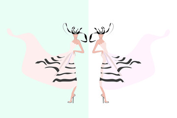 Abstract sketch of women in summer dresses and hats, striped, fashion