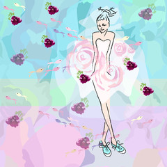 teen girl in a pink dress with roses on a floral background, blue sneakers, fashion, summer, floral print