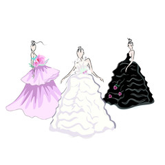 Abstract sketch of models in gorgeous dress (black, pink, white) decorated with flowers, fashion, isolated on white