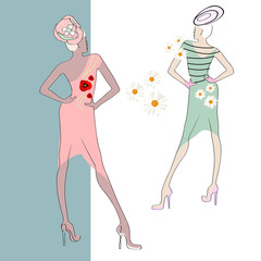 Abstract sketch of the two models in a coral dress with poppies and flower hat and green striped dress with chamomiles