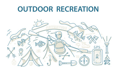 Fototapeta na wymiar Doodle style design concept of outdoor recreation and travel. 