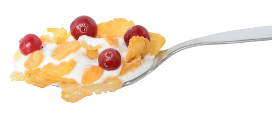 corn flakes in a spoon with yogurt