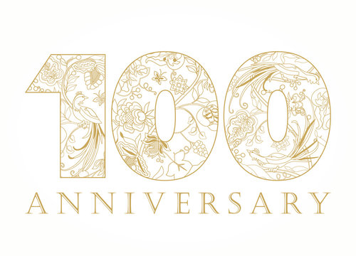 100 anniversary vintage golden numbers. The template logo of 100th birthday in ethnic patterns and the birds of paradise.
