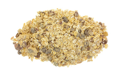 Maple flavored oatmeal with pecans and raisins on a white background top view