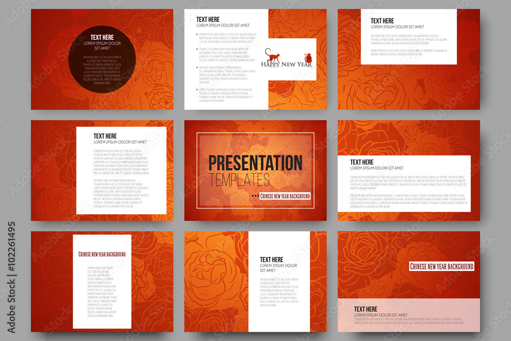 Poster set of 9 templates for presentation slides. chinese new year background. floral design with red monk