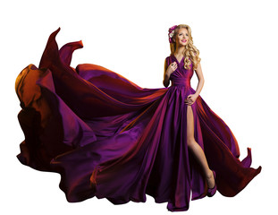 Woman Dress Flying Fabric, Beautiful Fashion Model in Purple Gow