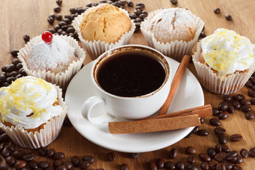 Sweet muffin and coffee. Overhead view