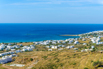 Panoramic view of Mykonos island during summer. Cyclades, Greece