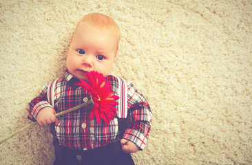 happy baby boy gentleman with flower