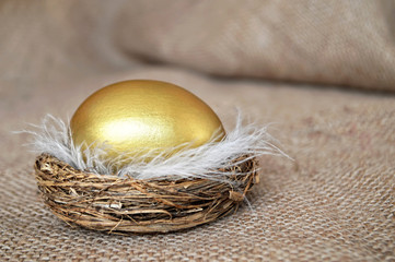Golden Easter egg in the nest on canvas
