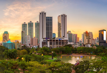 Bangkok business district with the public park area in the foreg