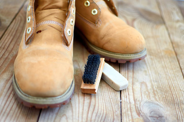old yellow leather boots cleaning kit