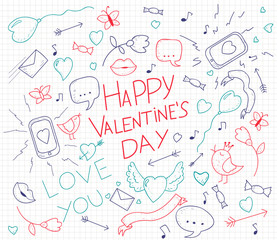 Valentines day card with hand drawn doodles. Lips, birds, phone, mail, heart, arrows and ribbons. Vector illustration. 