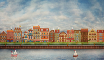 Illustration of a cute city on the river